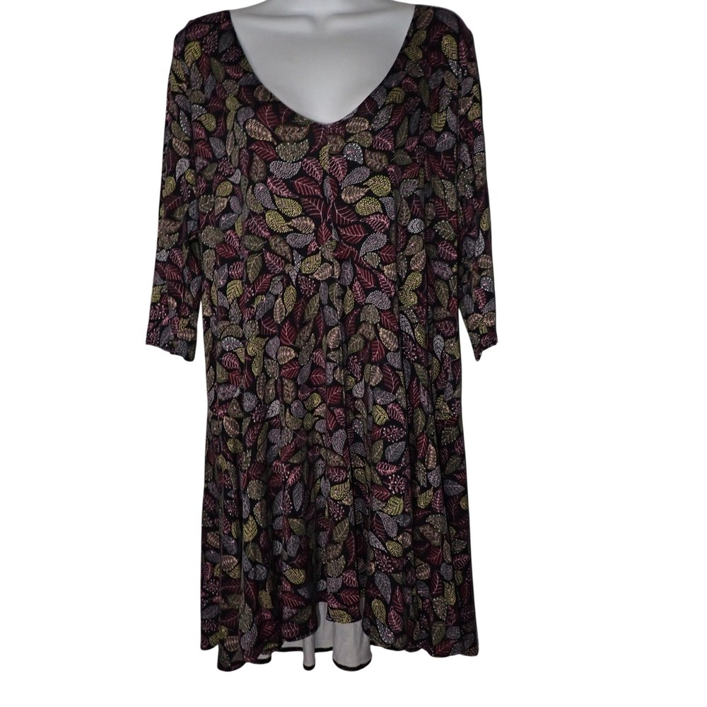 Salaam Women Leaf Print V-Neck A-Line Dress Large 3/4 sleeve Boho Casual Tunic